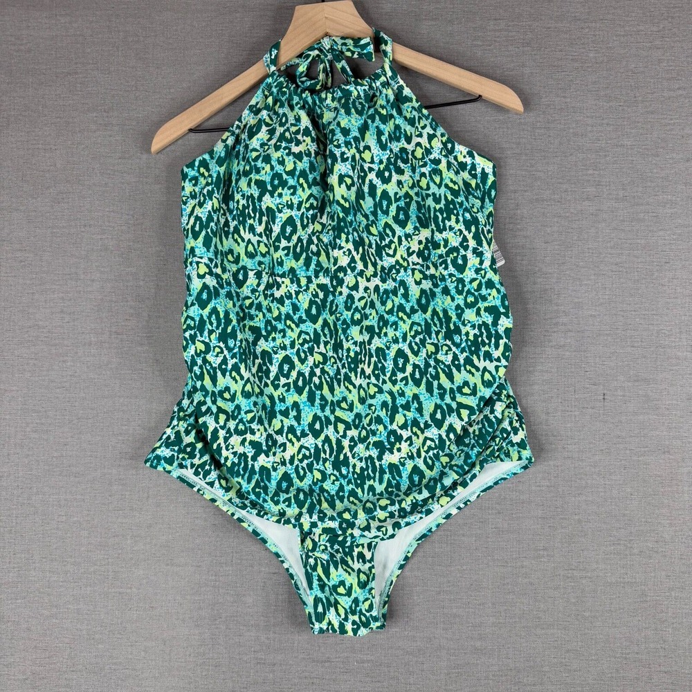 Serra Womens One-Piece Swimsuit Size XXL Green Blue Leopard Halter Neck NWT